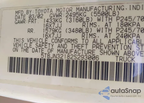 2002 Toyota Tundra из США, поврежденный, VIN 5TBJN32182S293006